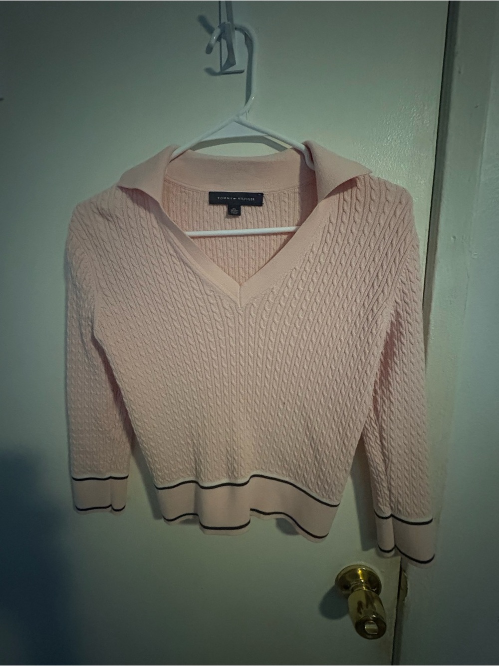 Tommy Hilfiger Pink Cable-Knit Collared Quarter Sleeve Sweater